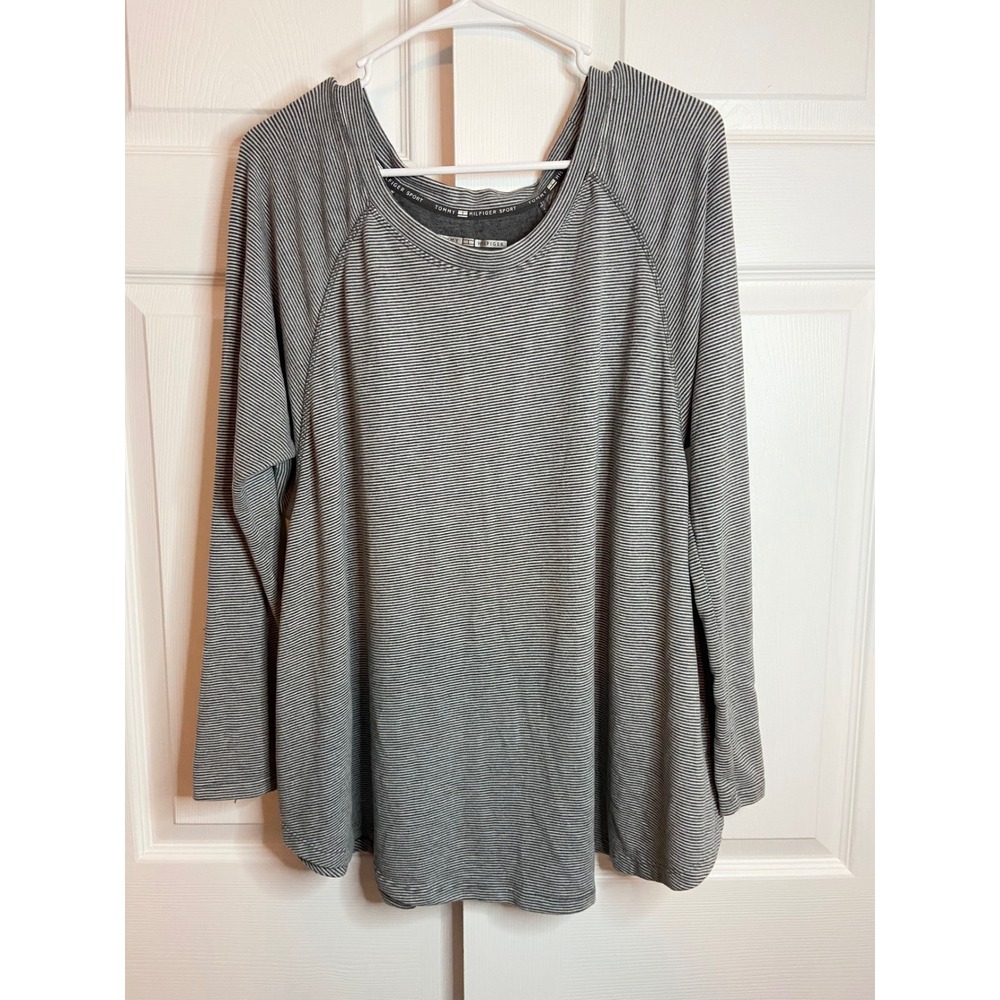 Tommy Hilfiger Sport Womens Large Gray Striped Raglan Long Sleeve Top Athleisure